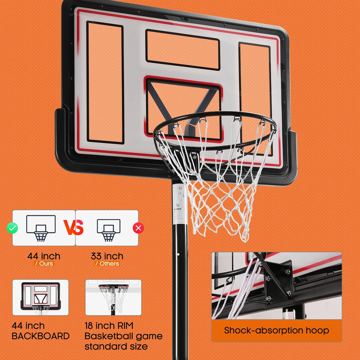 44In Portable Basketball Hoop with Height Adjustable 6.56Ft to 10Ft Basketball Goals for Younger People Indoor Outdoor with Free Basketabll