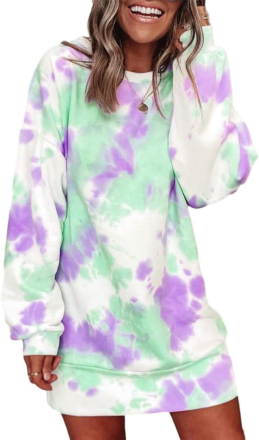 Women Hoodies Dress Tie-Dye Printed Long Sleeve Hooded Tunic Oversized Sweatshirt Pockets Pullover Jumper