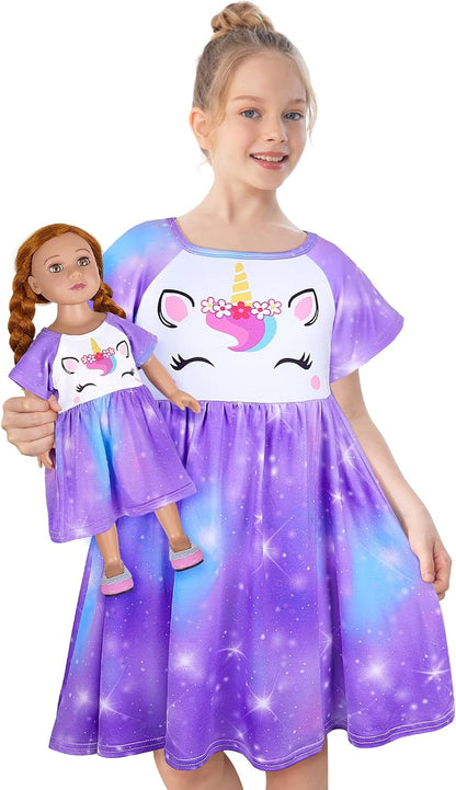 Doll and Girl Matching Nightgown Unicorn Outfit Pajamas Night Dress for Girls and 18" Dolls Clothes