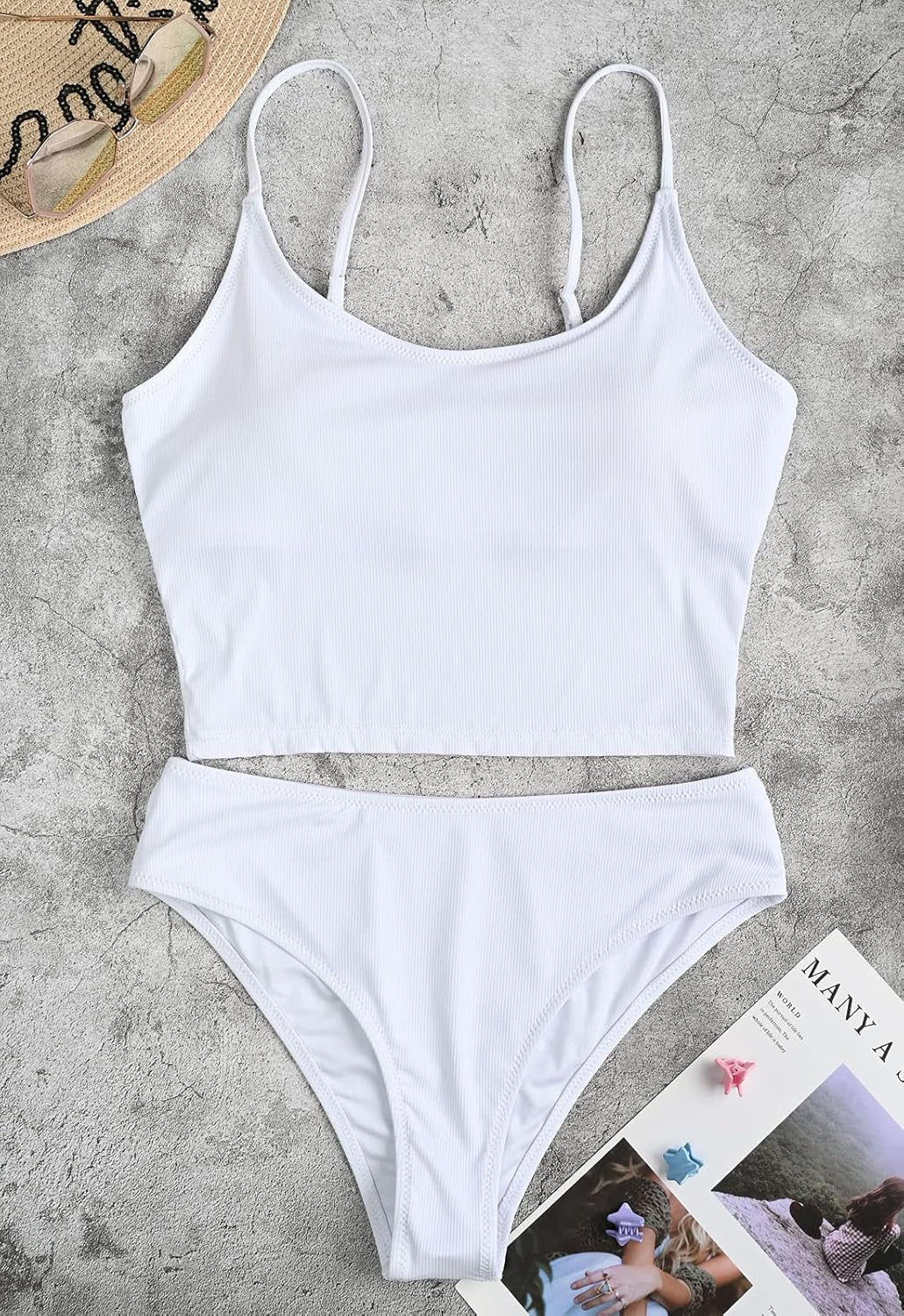 Ribbed Bikini Sets for Women High Cut Cheeky Swimsuits Scoop Neck Padded Bathing Suits Two Piece Tankini Set