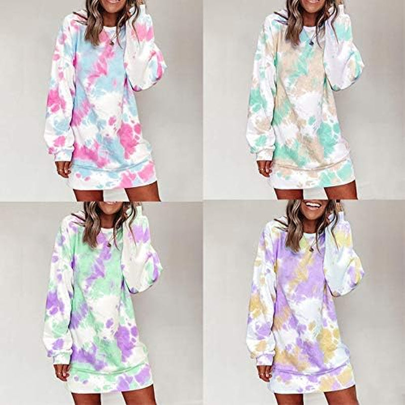 Women Hoodies Dress Tie-Dye Printed Long Sleeve Hooded Tunic Oversized Sweatshirt Pockets Pullover Jumper