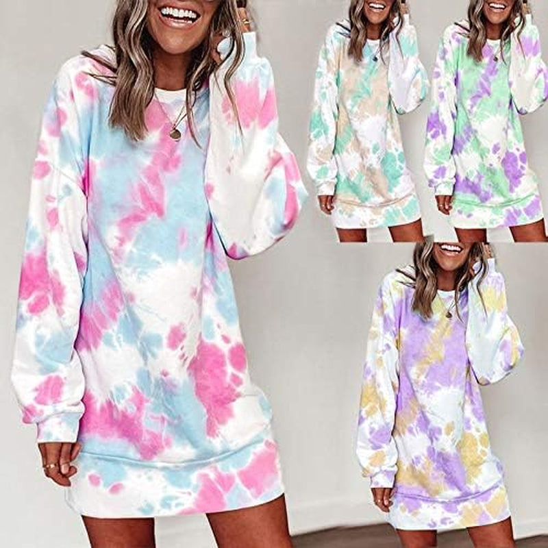 Women Hoodies Dress Tie-Dye Printed Long Sleeve Hooded Tunic Oversized Sweatshirt Pockets Pullover Jumper
