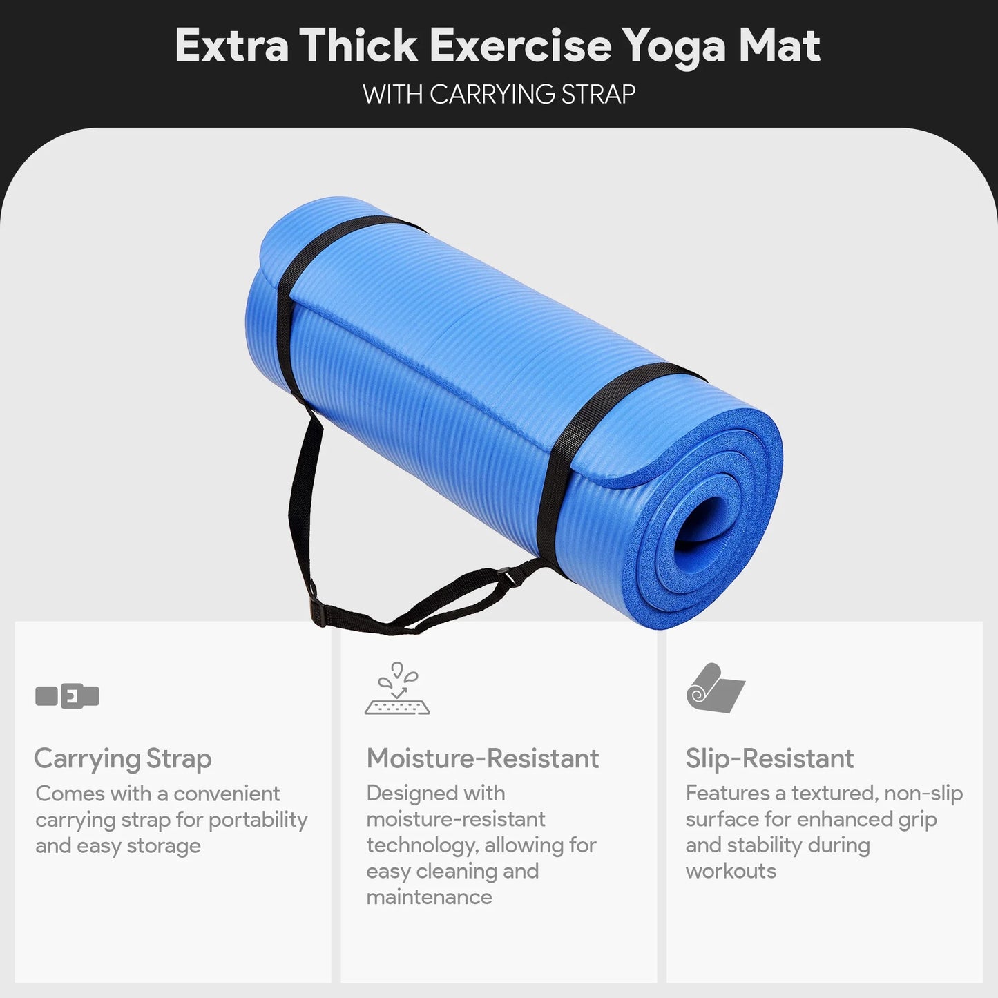 All-Purpose 1-Inch Extra Thick High Density Anti-Tear Exercise Yoga Mat with Carrying Strap, Blue