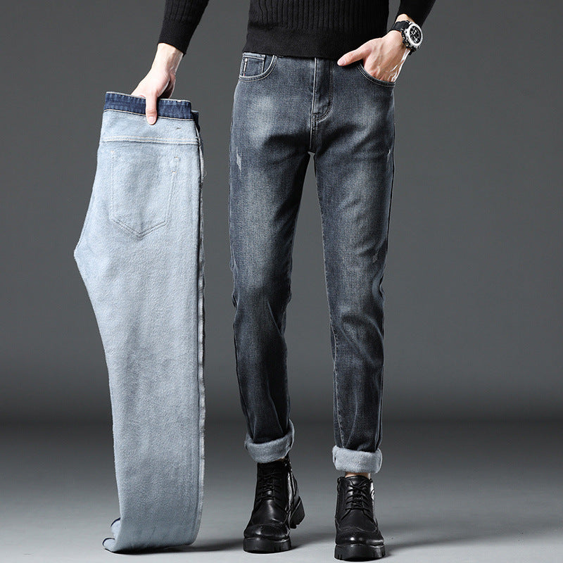 Denim Men'S Straight Loose Day System plus Fleece Casual Long Pants