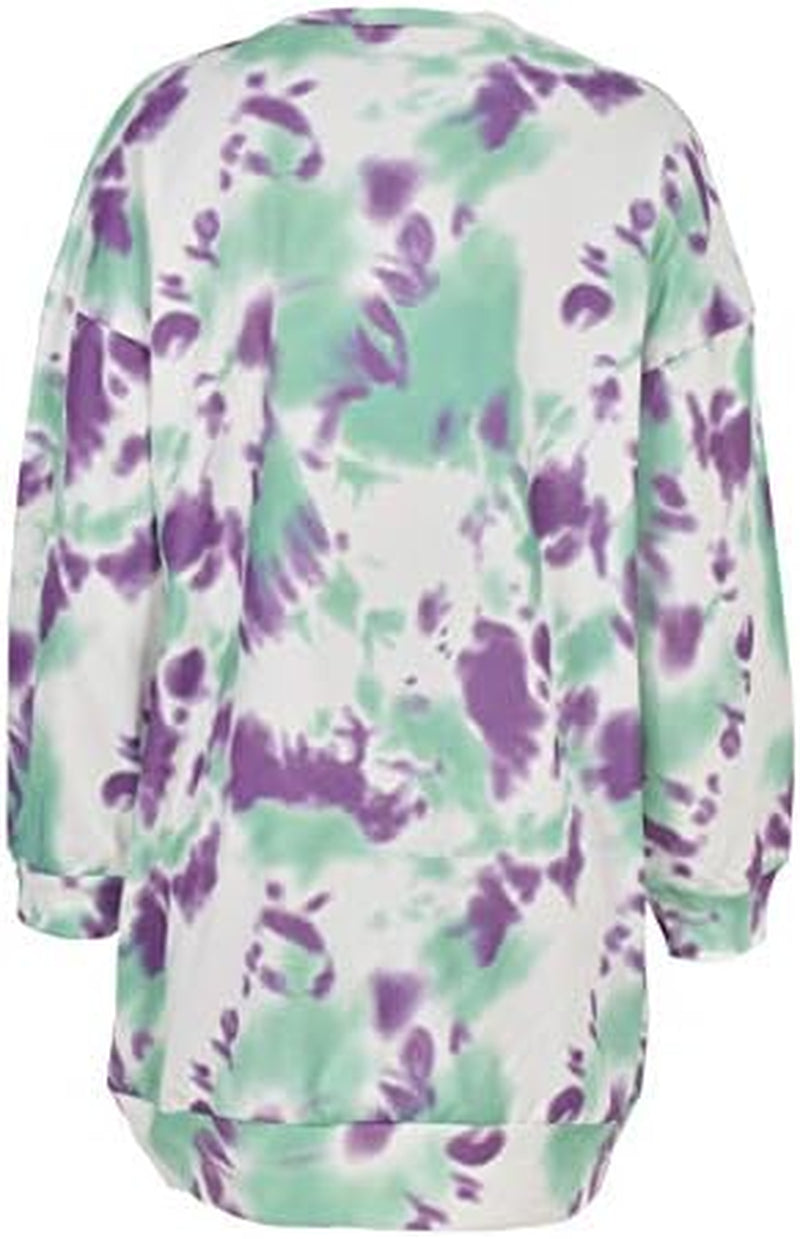 Women Hoodies Dress Tie-Dye Printed Long Sleeve Hooded Tunic Oversized Sweatshirt Pockets Pullover Jumper