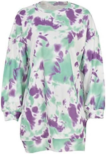 Women Hoodies Dress Tie-Dye Printed Long Sleeve Hooded Tunic Oversized Sweatshirt Pockets Pullover Jumper
