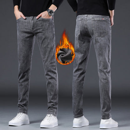 Denim Men'S Straight Loose Day System plus Fleece Casual Long Pants
