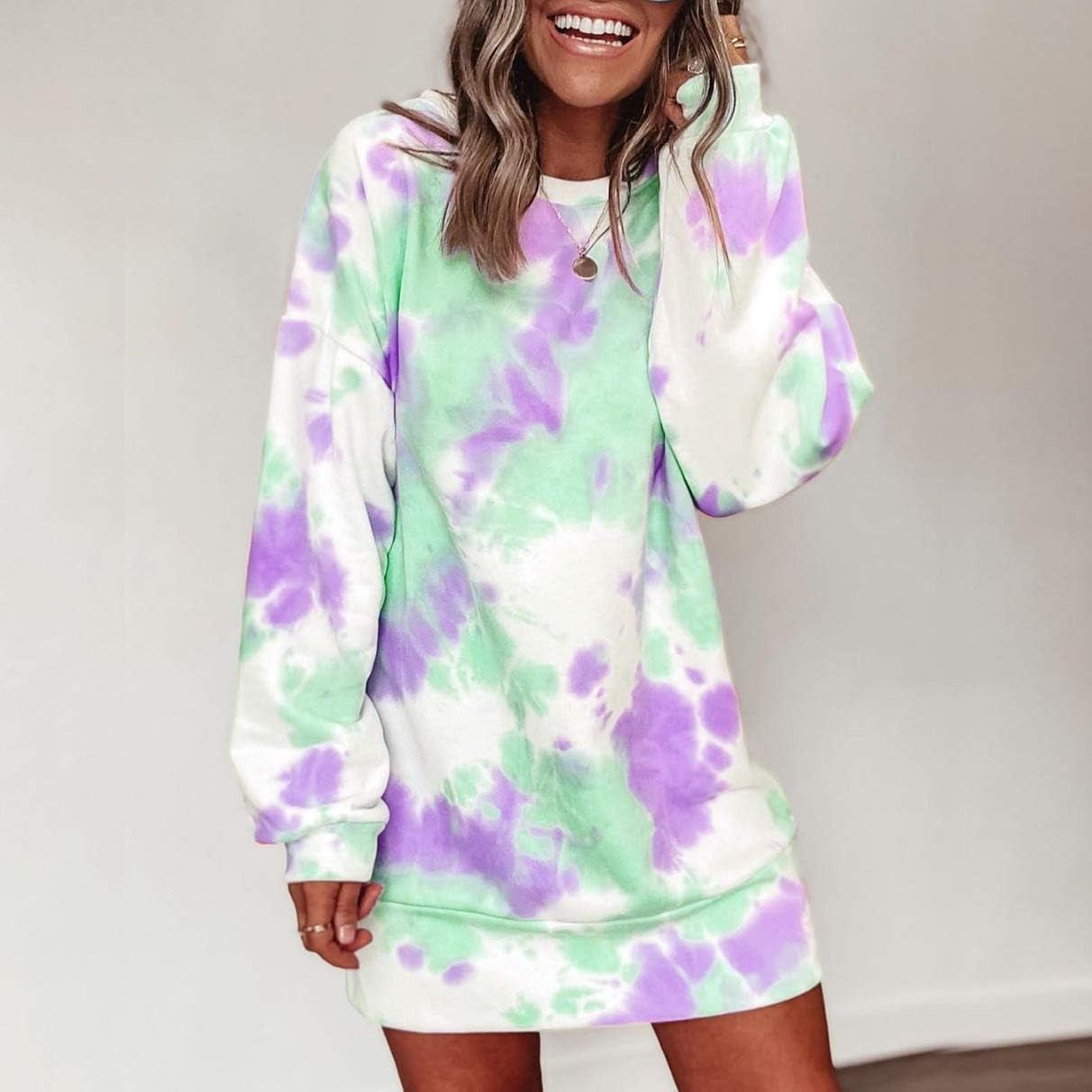 Women Hoodies Dress Tie-Dye Printed Long Sleeve Hooded Tunic Oversized Sweatshirt Pockets Pullover Jumper