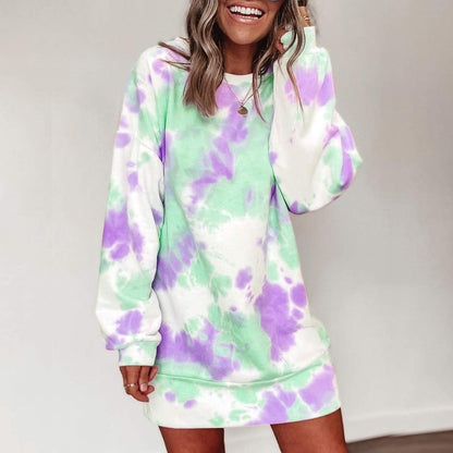 Women Hoodies Dress Tie-Dye Printed Long Sleeve Hooded Tunic Oversized Sweatshirt Pockets Pullover Jumper